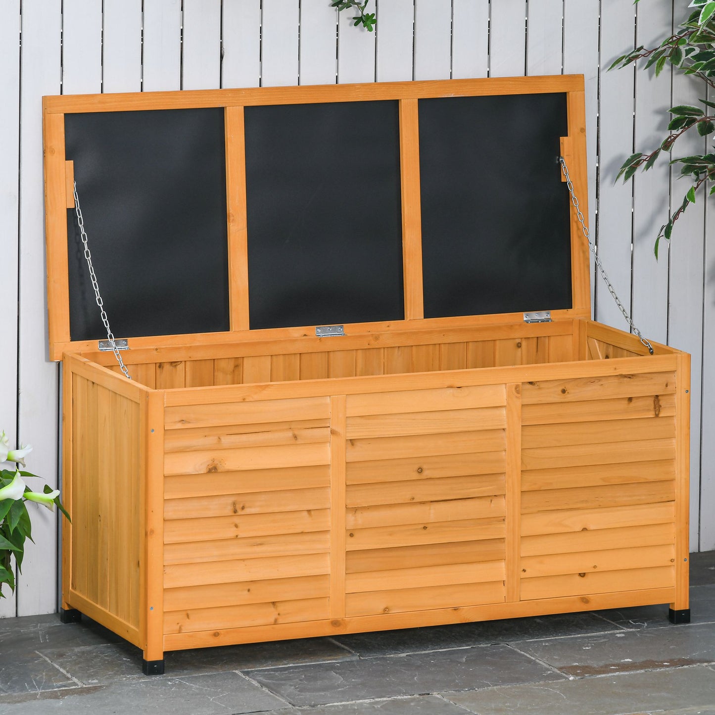 Outsunny Baúl De Madera Exterior Con Tapa Abrible Y Diseño Persiana 127x56x60 Cm_1