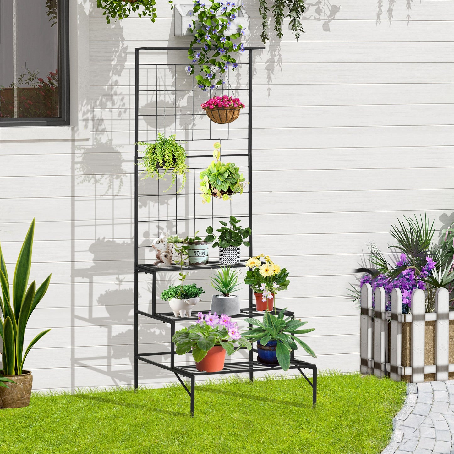 Outsunny Soporte Plantas Con Enrejado De Metal Estantería De Macetas 3 Estantes_1