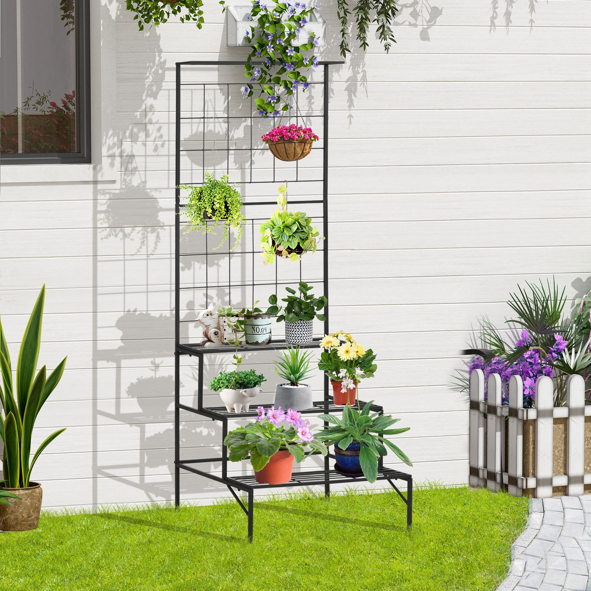 Outsunny Soporte Plantas Con Enrejado De Metal Estantería De Macetas 3 Estantes_1