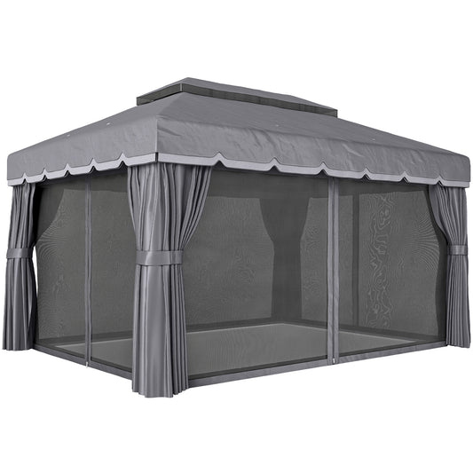 Outsunny Cenador De Jardín 4x3 M Con Doble Techo 4 Cortinas Y Mosquitera Gris_0