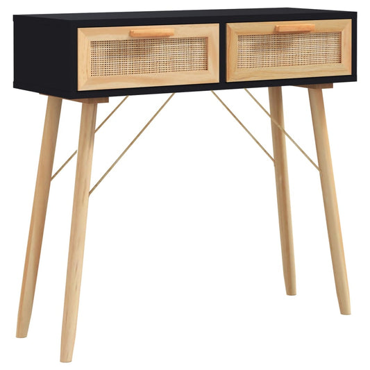 Mesa Consola Madera Pino Maciza Ratán Natural Negro 80x30x75 Cm_0