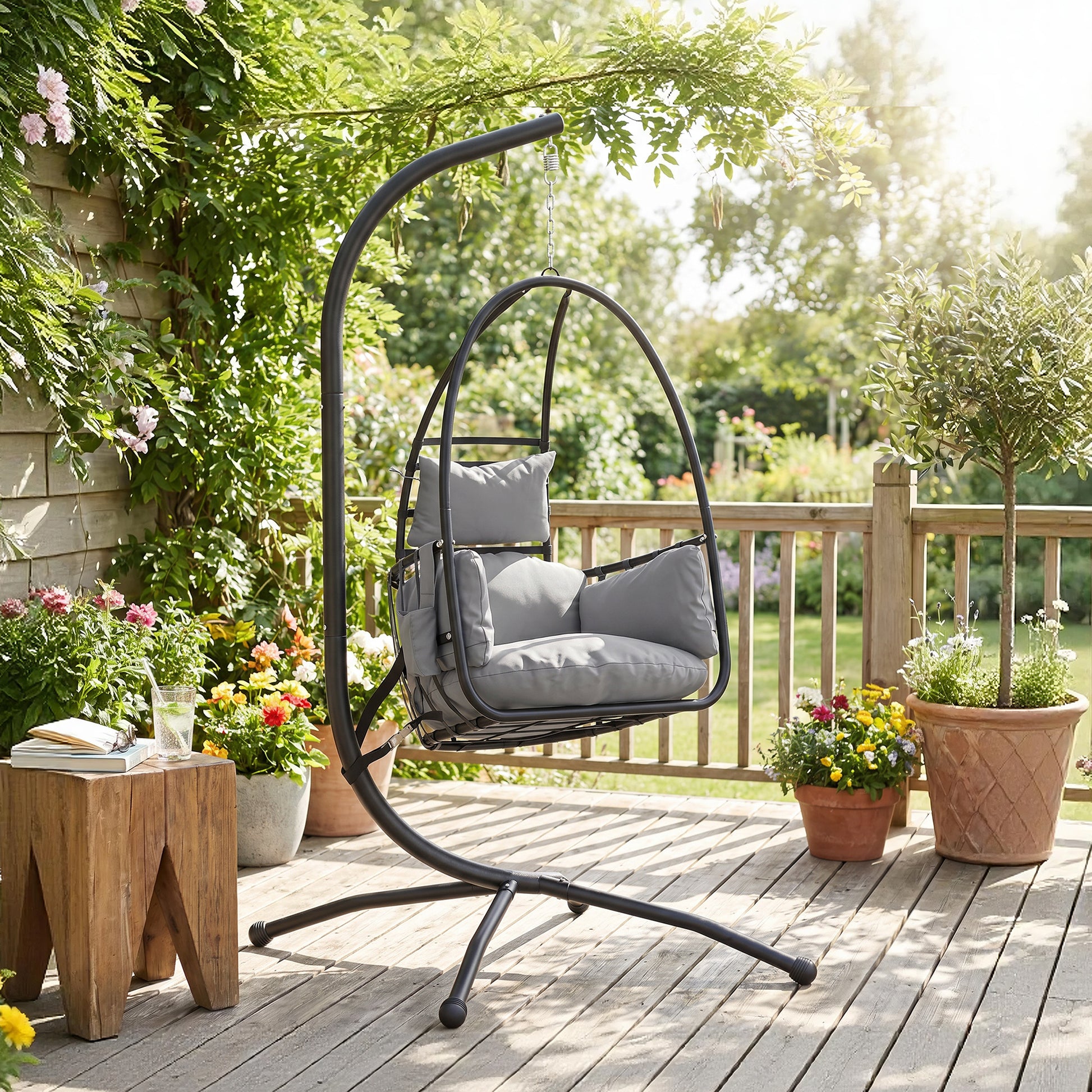 Outsunny Silla Colgante Con Soporte Cesta Plegable Reposacabezas Gris Oscuro_1