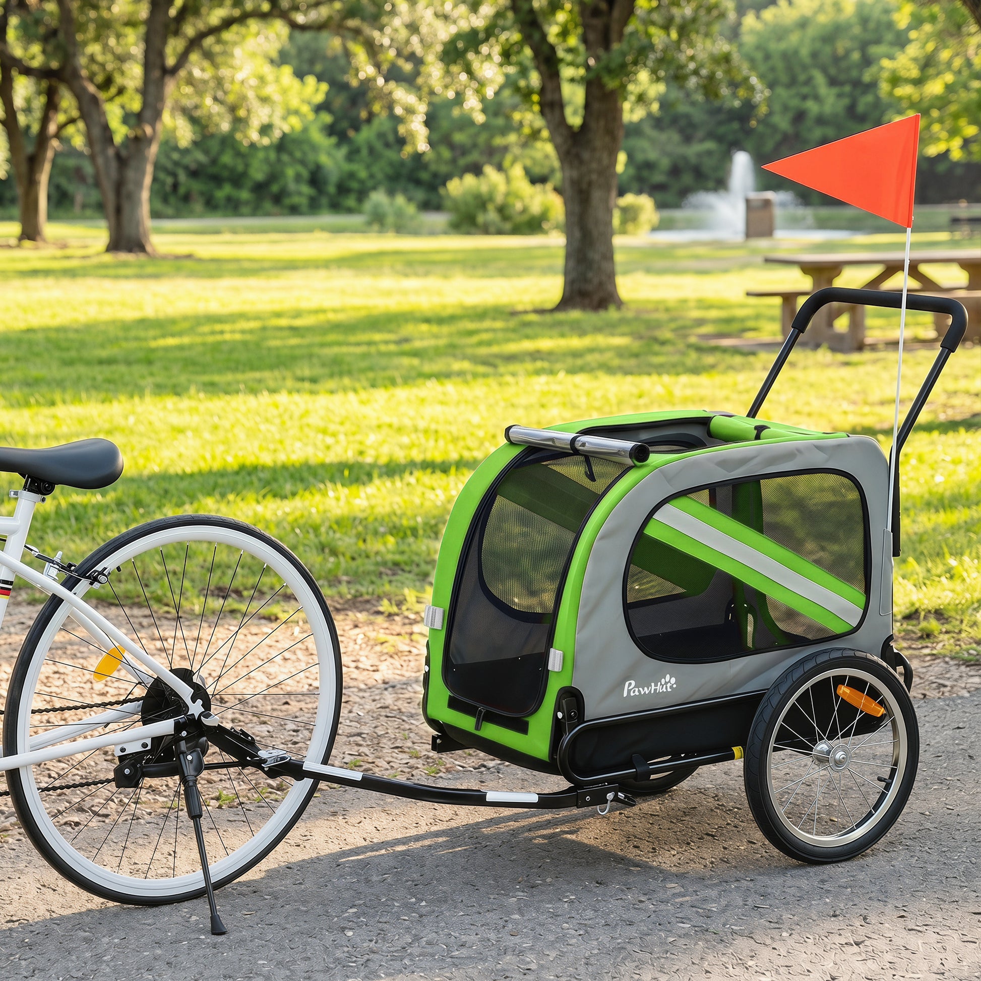Pawhut Remolque De Bicicleta Para Perros 2 En 1 Con Arnés De Seguridad Verde_1