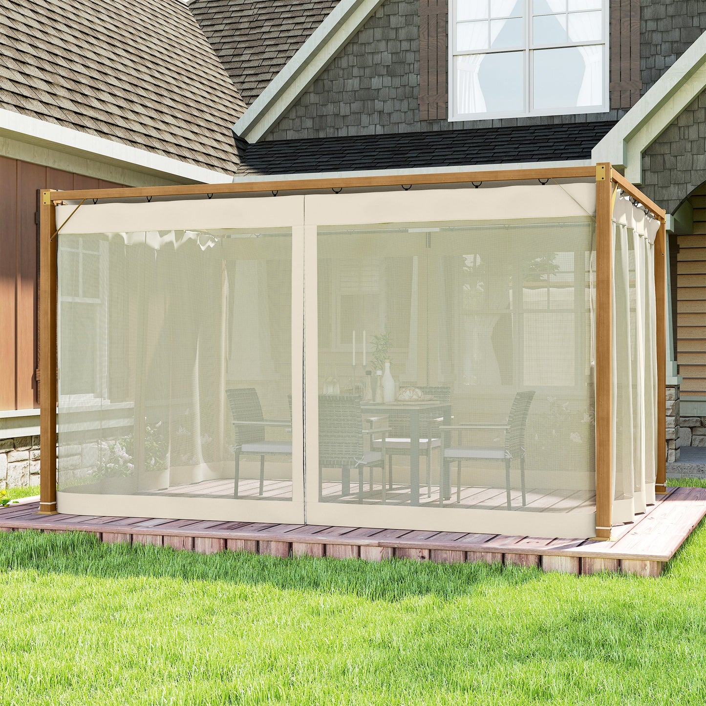 Outsunny Pérgola De Jardín 4x3 M Con Techo Retráctil Mosquiteras Natural_4