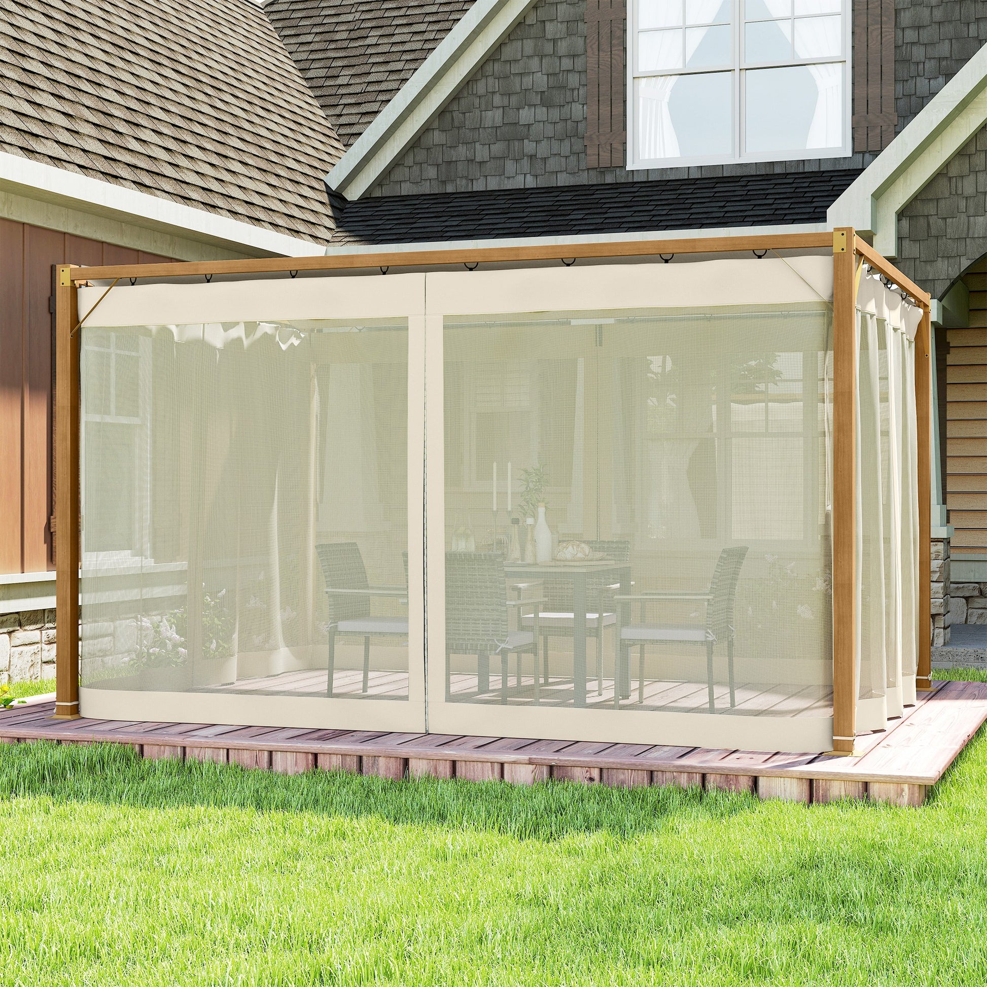 Outsunny Pérgola De Jardín 4x3 M Con Techo Retráctil Mosquiteras Natural_4