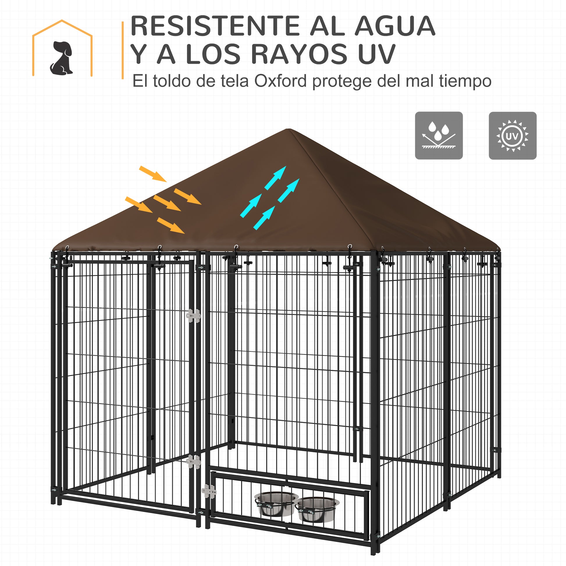 Pawhut Perrera Con Toldo Y 2 Cuencos Para Exterior 141x141x151 Cm Negro_4