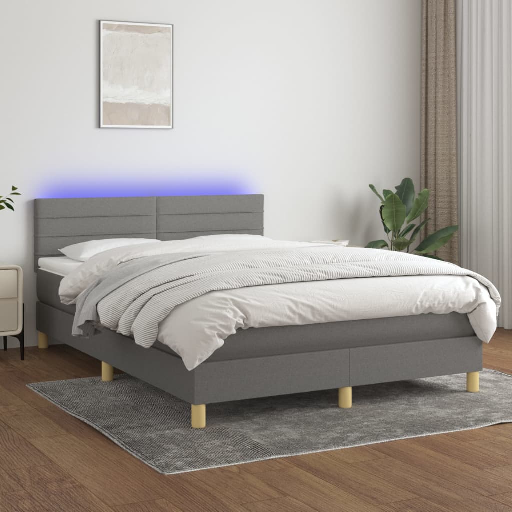 Cama Box Spring Colchón Y Luces Led Tela Gris Oscuro 140x190 Cm / Vetonek_4
