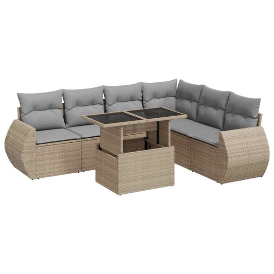 Set Sofás De Jardín 7 Piezas Y Cojines Ratán Sintético Beige / Vetonek_0