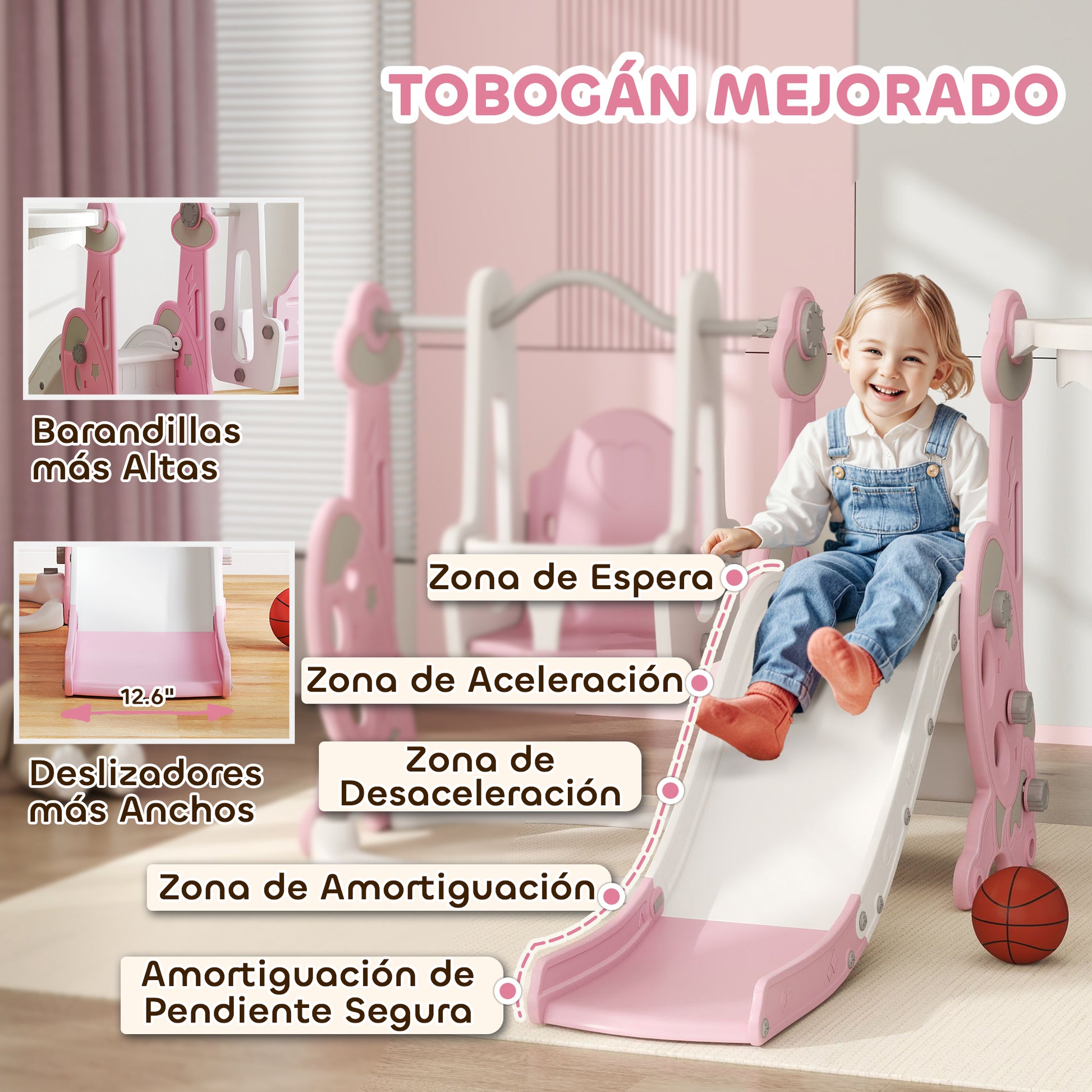 Aiyaplay Tobogán Infantil 4 En 1 Con Columpio Y Tobogán Para Interior Rosa_4