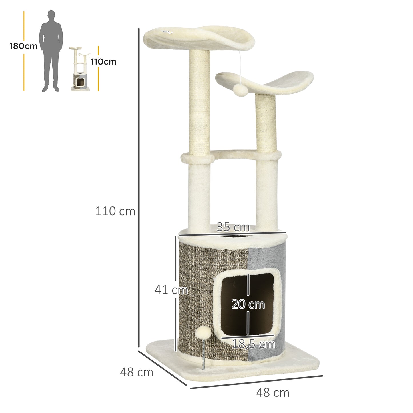 Pawhut Árbol Rascador Para Gatos 110 Cm Con Caseta Plataformas Postes De Sisal_2