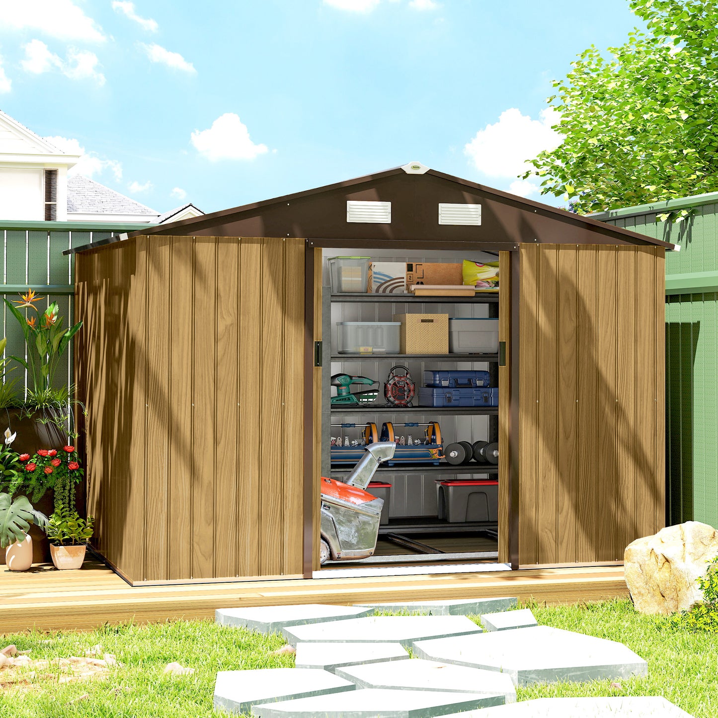 Outsunny Caseta De Jardín Exterior 4,9 M² 277x195x192 Cm Puerta Corredera Marrón_1