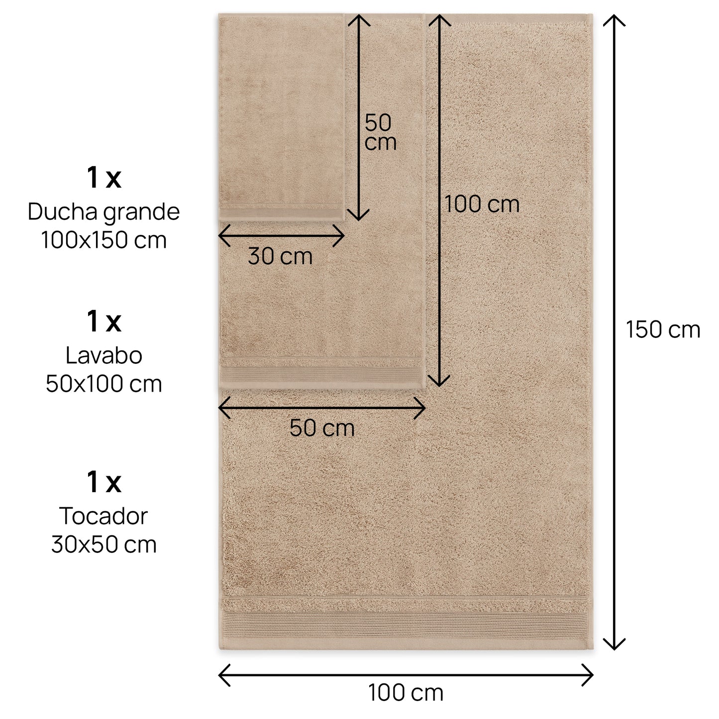 Juego De Toallas De Baño 3 Piezas: Tocador, Lavabo Y Sabana - 100% Algodón, 500 Gr Beige_2
