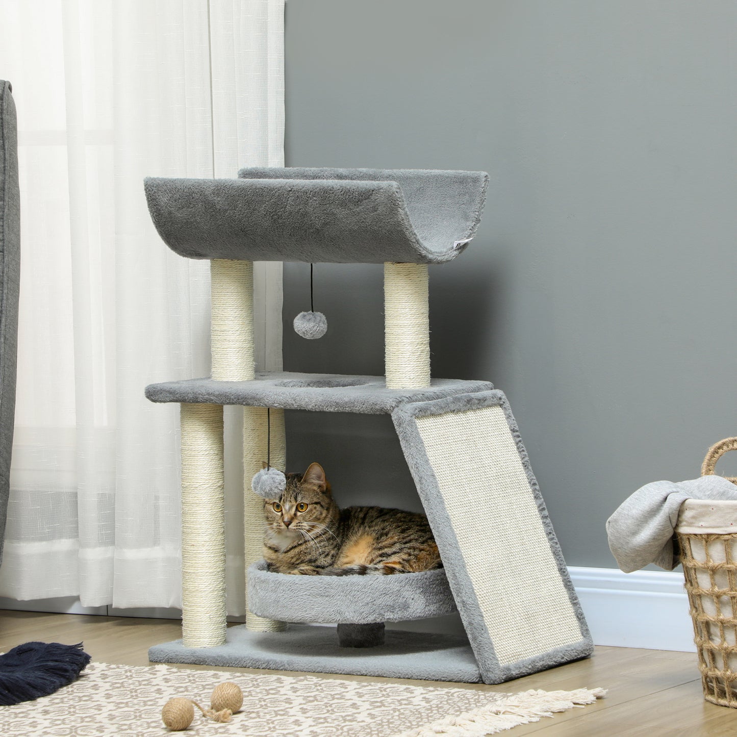 Pawhut Rascador Para Gatos Altura 76 Cm Con Plataforma En U Gris Claro_1