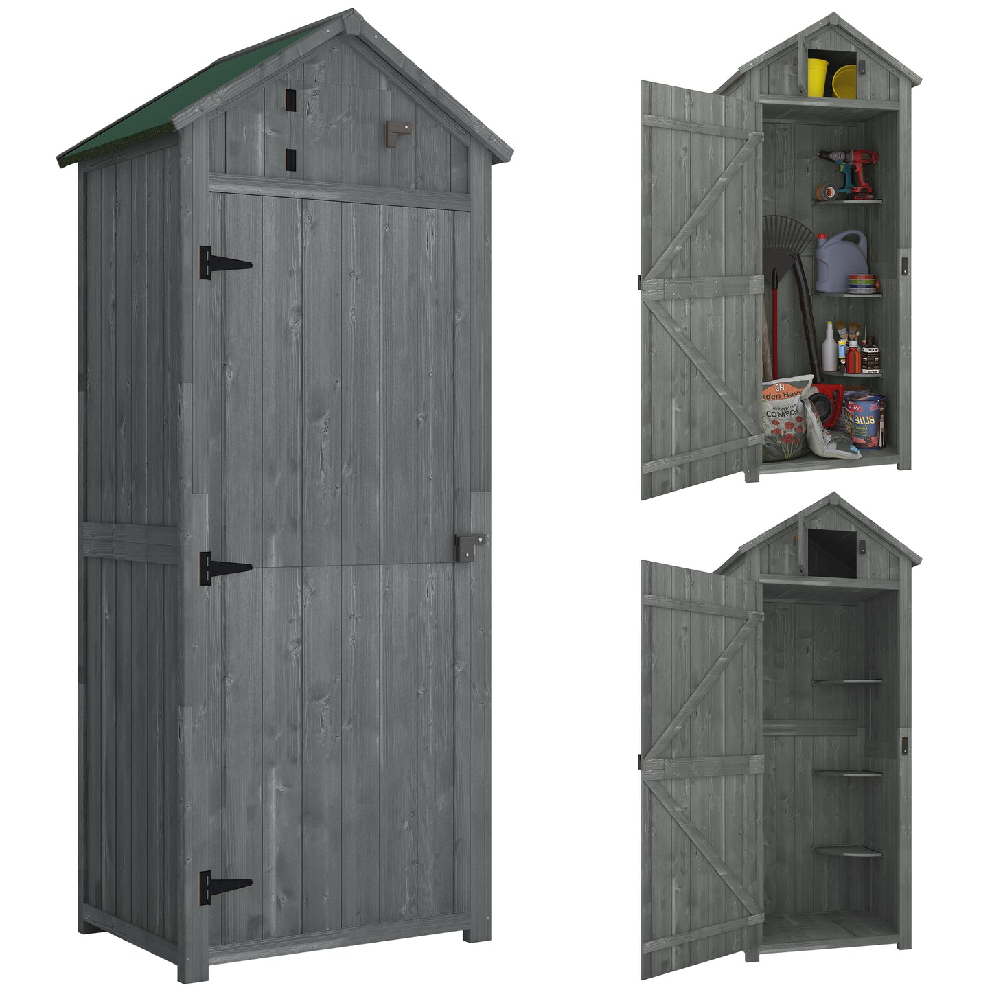 Outsunny Armario De Jardín De Madera Con 3 Estantes 0,3 M² 77x54,2x179cm Gris_0