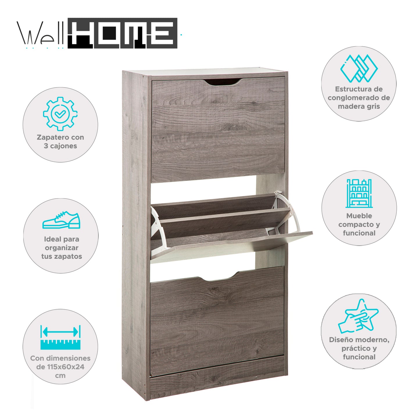 Wellhome Almacenamiento Zapatos 3 Cajones Madera Gris