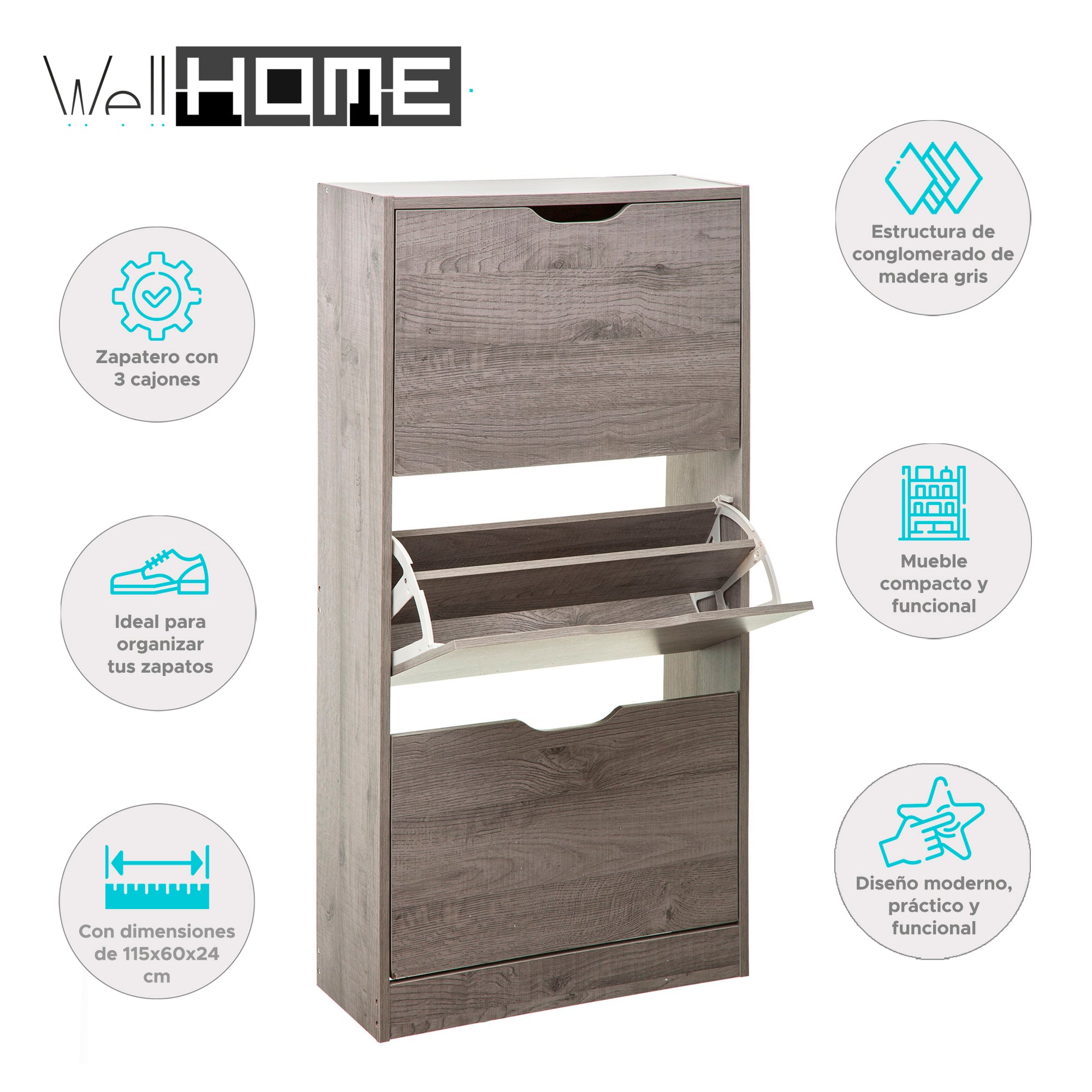 Wellhome Almacenamiento Zapatos 3 Cajones Madera Gris