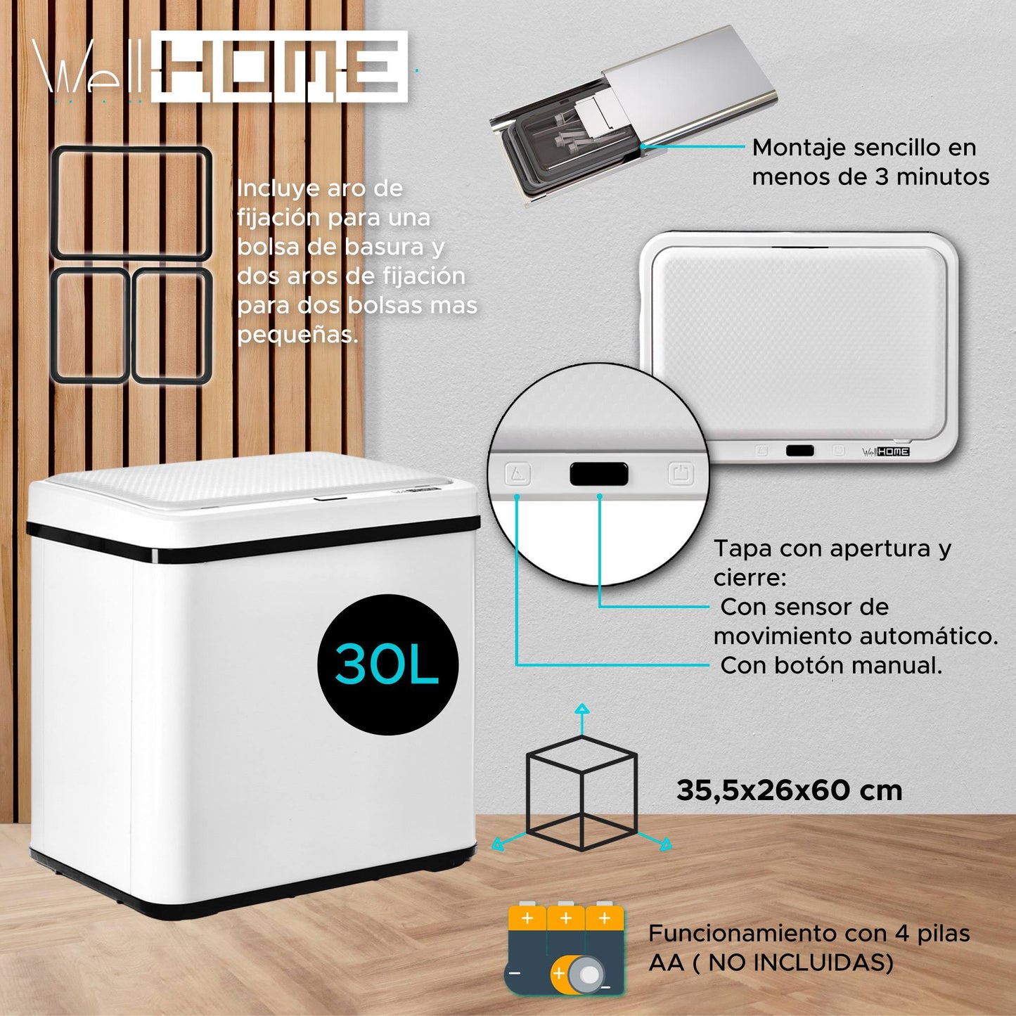 Cubo Inteligente 30l Sin Patas Apertura Auto Blanco