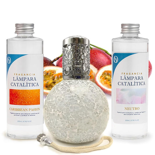 Pack Ahorro Lámpara Catalítica Mosaico Blanco + Aroma Caribbean Passion 500ml + Limpiador Neutro 200ml + Mecha Repuesto_0