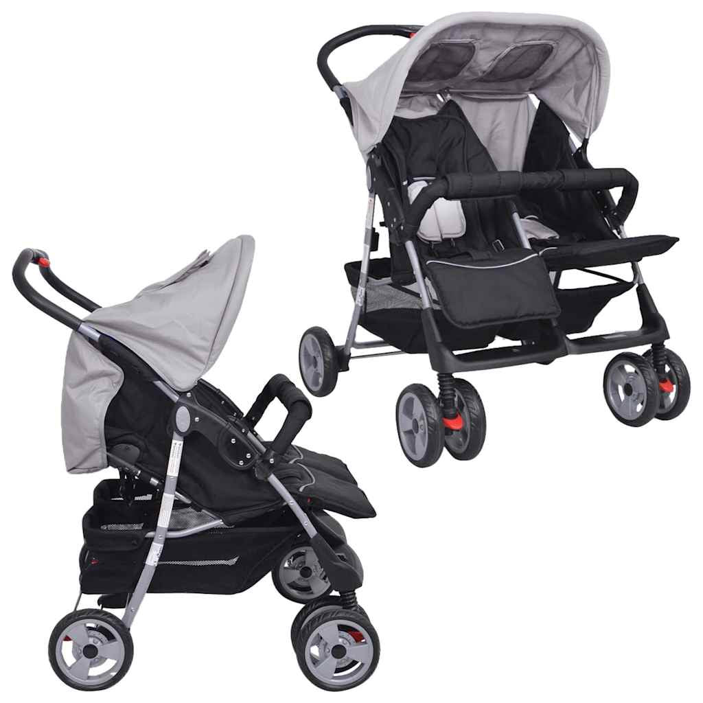 Vidaxl Cochecito Gemelar De Acero Gris Y Negro_1