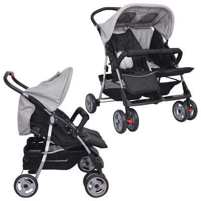 Vidaxl Cochecito Gemelar De Acero Gris Y Negro_1