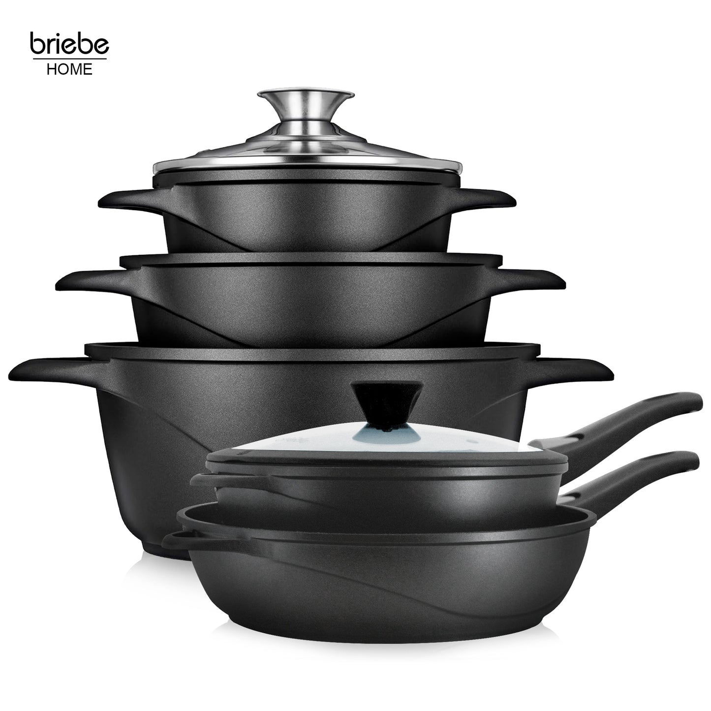 Briebe Batería De Cocina Inducción 10 Piezas Aluminio Fundido 3 Ollas 2 Sartenes Antiadherente Tapas, Mgk1819, Negro_0