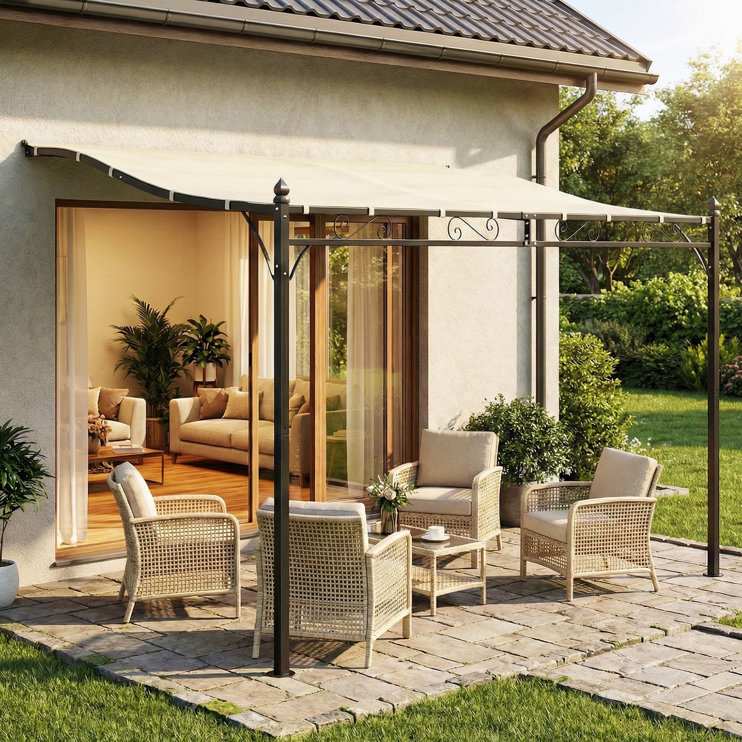 Outsunny Pérgola De Pared 2,5x3,5 M Con Techo Inclinado Marco Metálico Crema_3