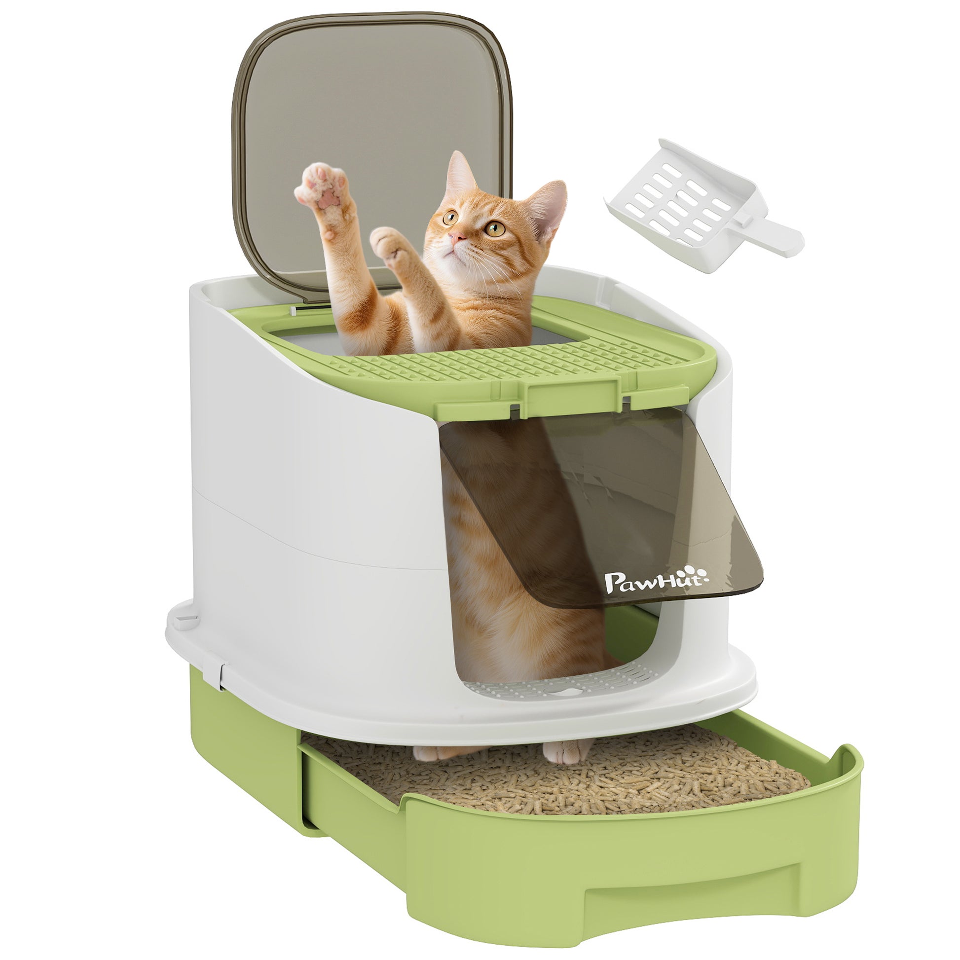 Pawhut Arenero Para Gatos Cubierto Con Bandeja Extraíble Y Pala Blanco Y Verde_0
