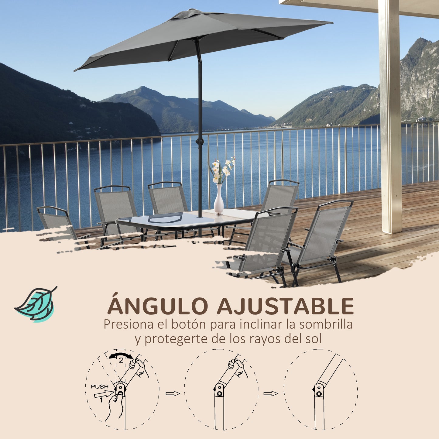 Outsunny Muebles Muebles De Jardín 6 Sillas Plegables Mesa Sombrilla Inclinable_5