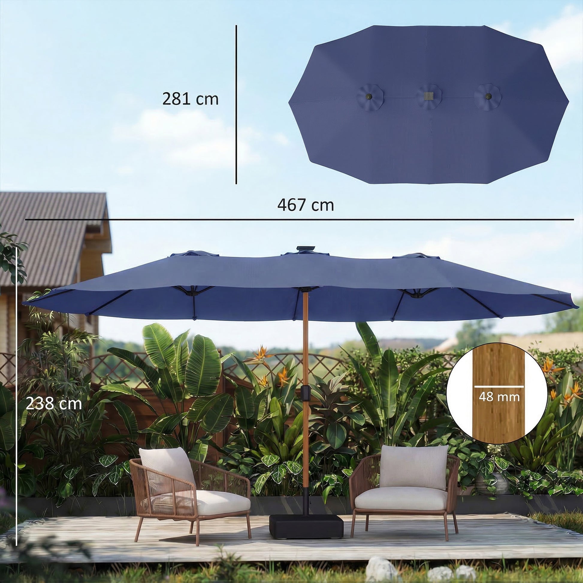 Outsunny Sombrilla Doble 4,7x2,8 M Con Base Incluida Manivela Sacos De Arena_2