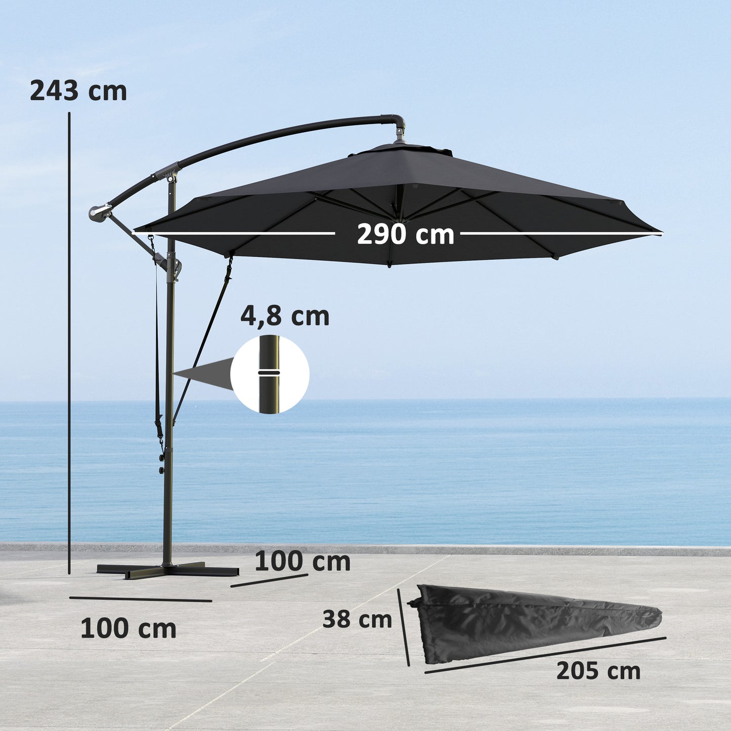 Outsunny Parasol Excéntrico Ø 290 Cm Con Base Cruzada Manivela Anti-uv 50+ Gris_2