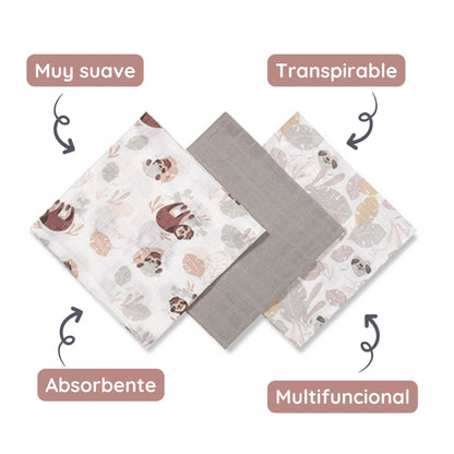 Pack 3 Muselinas Algodón 70x70 Cm Perezoso