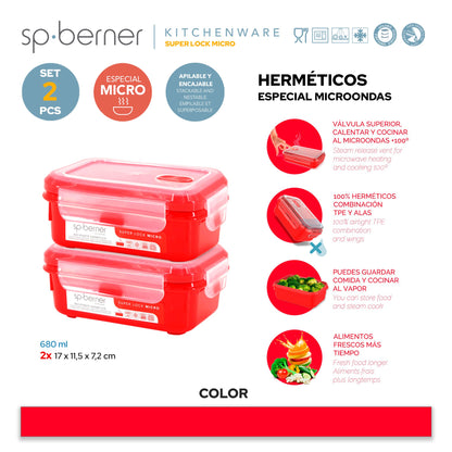 2x Herméticos Super Lock Micro 680 Ml. Aptos Para Cocinar Al Vapor En El Microondas, Ideal Transporte Y Almacenamiento De Alimentos, Cierre Clip