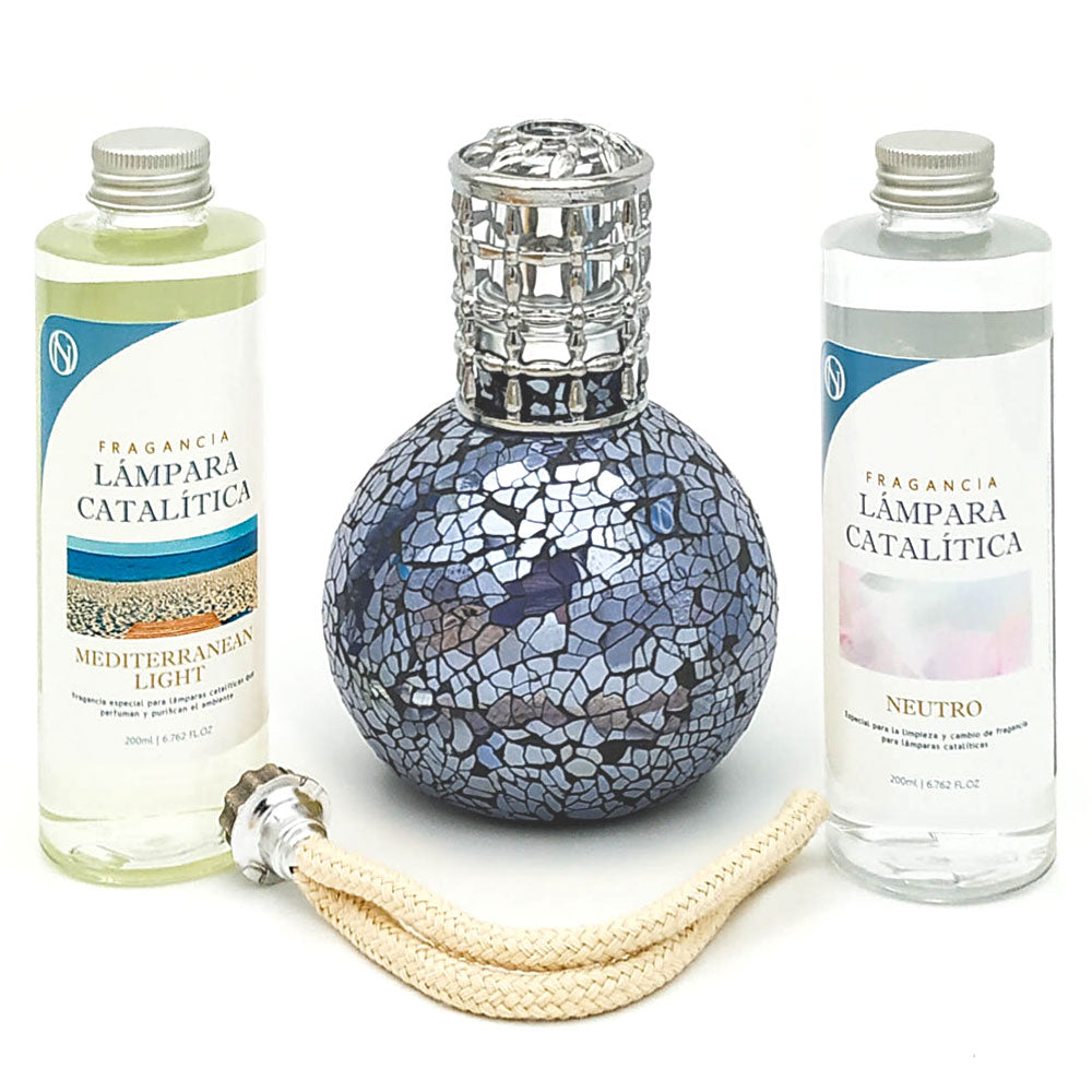 Pack Lámpara Catalítica Mosaico Azul Océano + Fragancia Mediterranean Light 200ml + Limpiador 200ml + Mecha De Repuesto_0