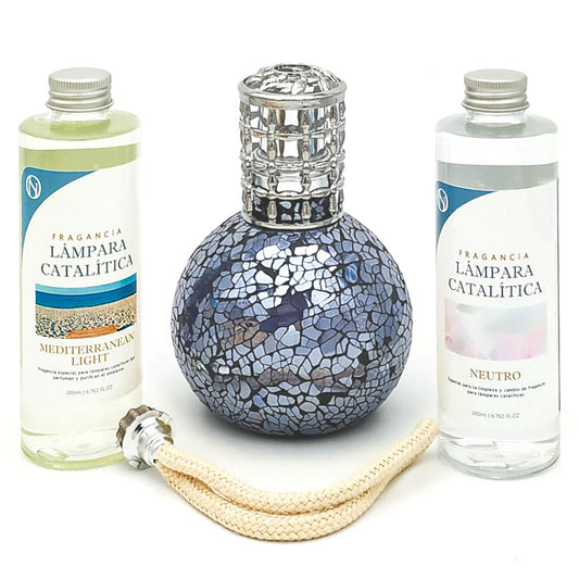Pack Lámpara Catalítica Mosaico Azul Océano + Fragancia Mediterranean Light 200ml + Limpiador 200ml + Mecha De Repuesto_0