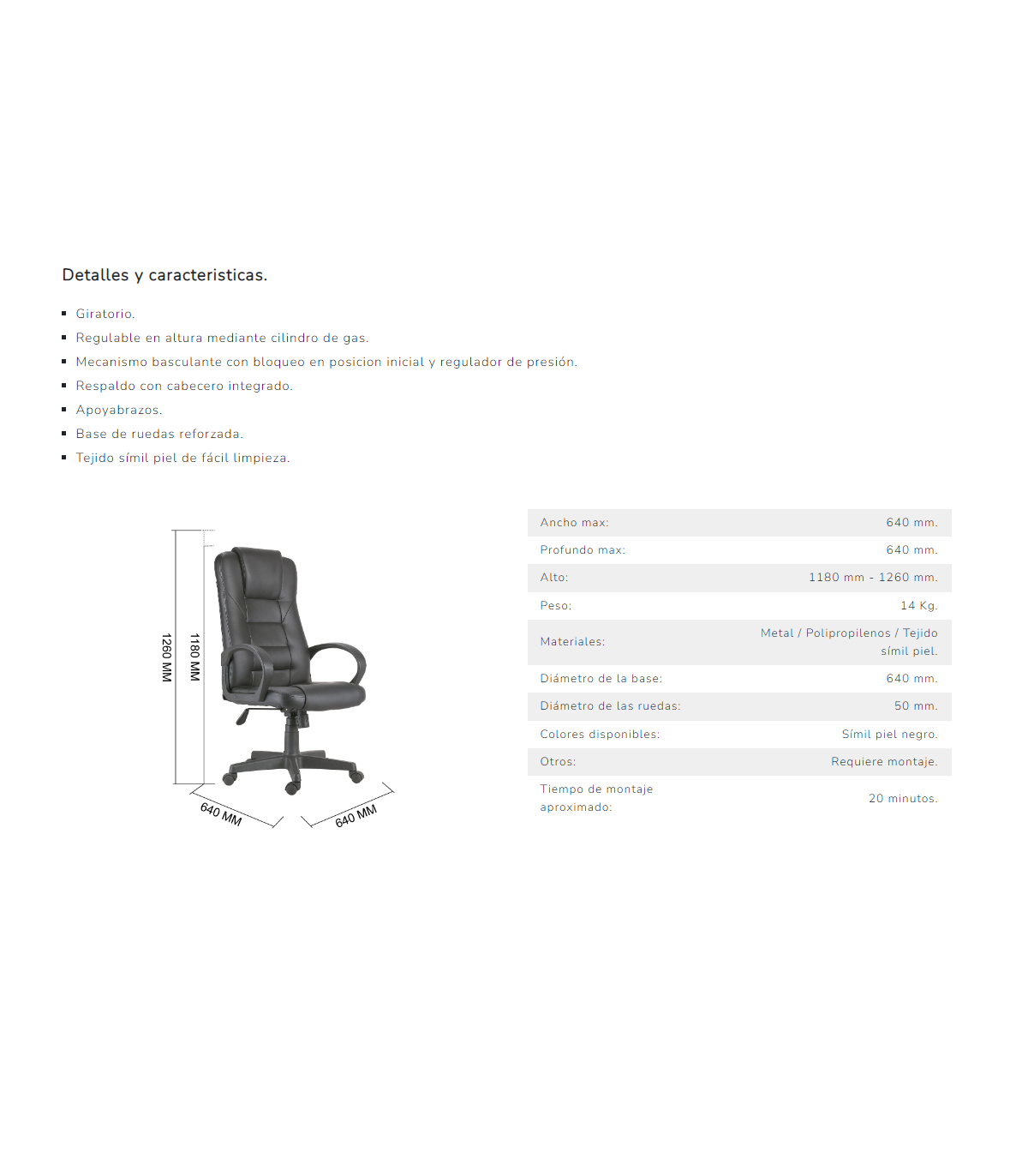 Sillón Despacho Giratorio Henry Símil Piel Negro 118-126cm(alto) 64cm(ancho) 64cm(fondo)_3