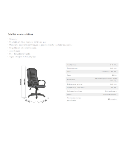 Sillón Despacho Giratorio Henry Símil Piel Negro 118-126cm(alto) 64cm(ancho) 64cm(fondo)_3