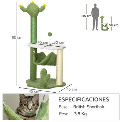Pawhut Árbol Rascador Para Gatos Con Forma De Cactus Altura 90 Cm Con Hamaca_2
