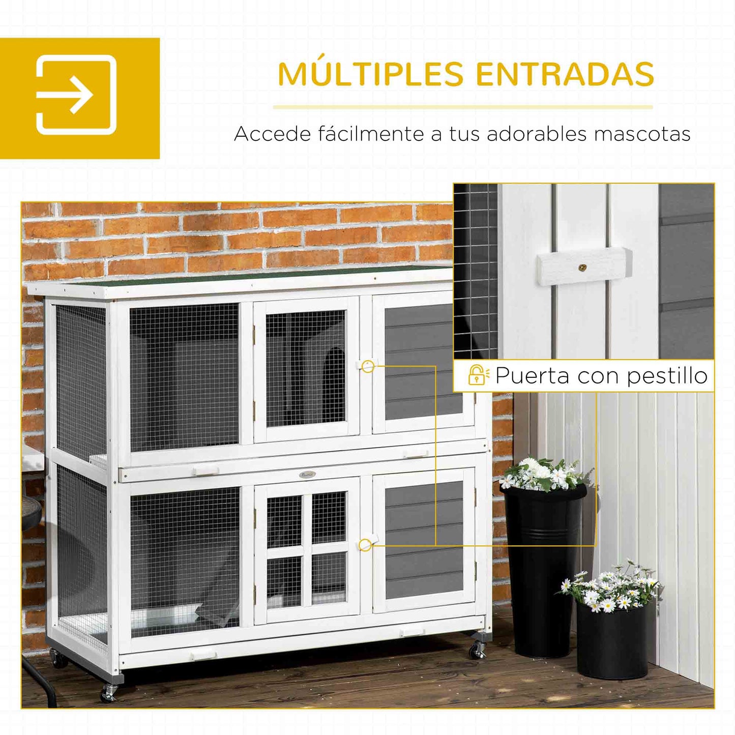 Pawhut Conejera De Madera De 2 Niveles Con Ruedas Y Techo Blanco Y Gris_4