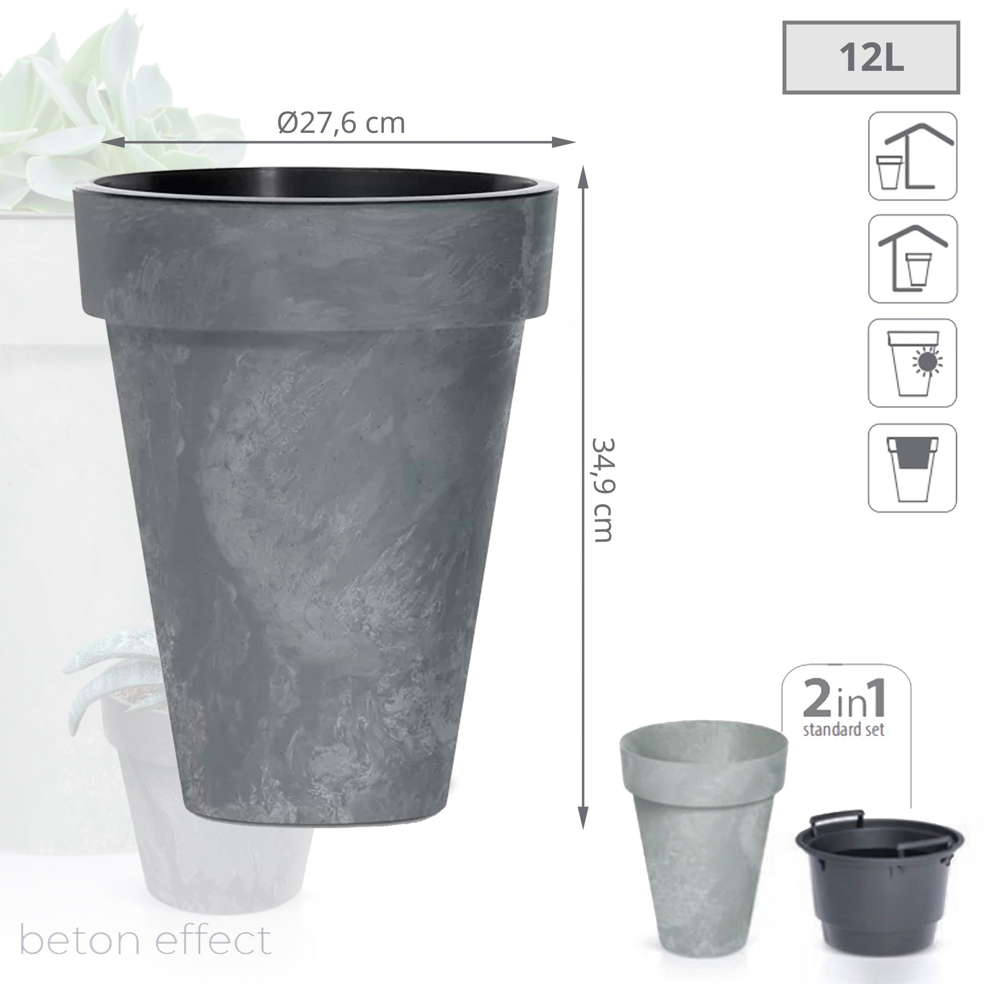 Maceta Cube Slim Beton Effect 12l., Con Depósito, Dimensiones (mm) 276x276x349, Color Marengo_2