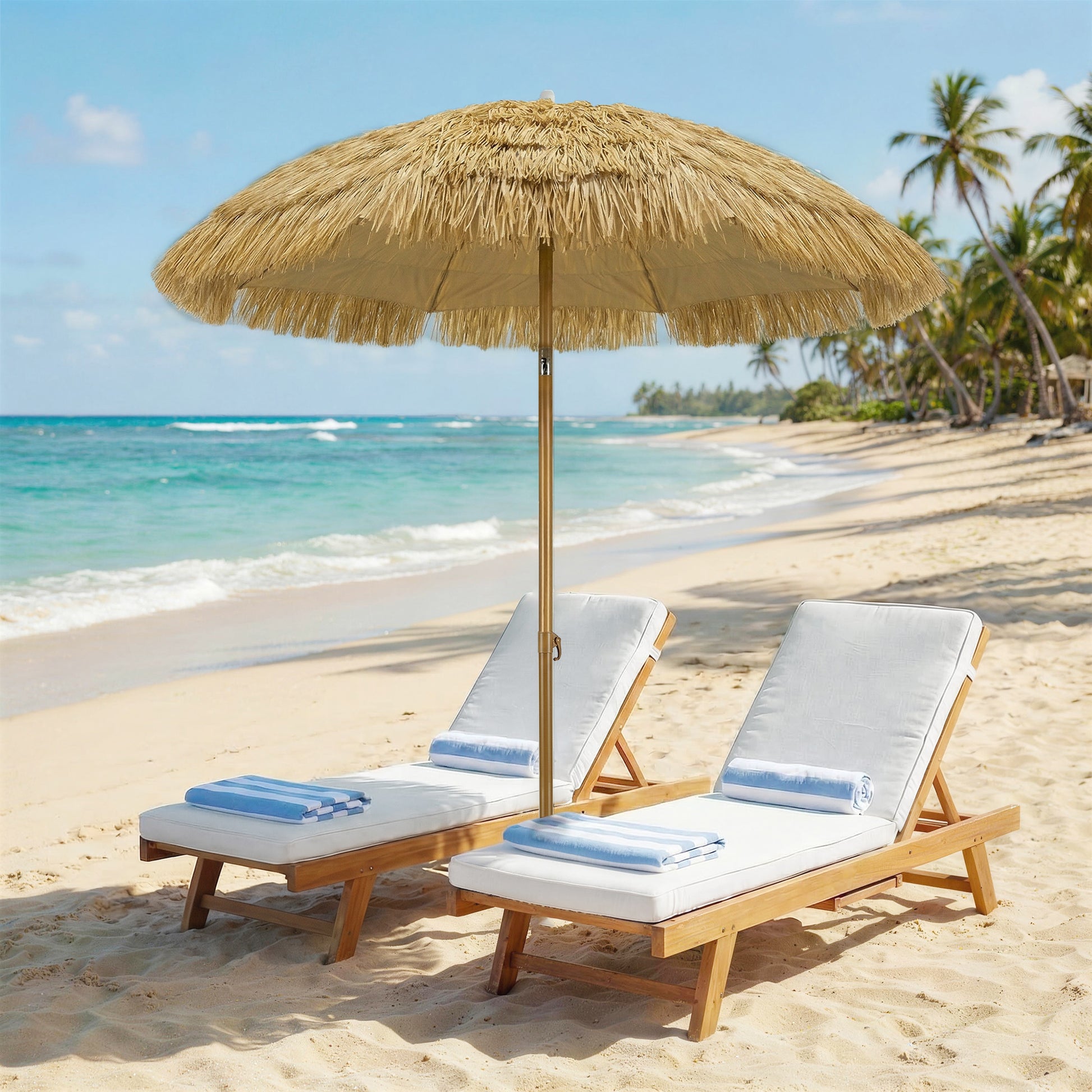 Outsunny Sombrilla De Playa Con Flecos De Paja Ø178 Cm Inclinación Marrón Claro_1