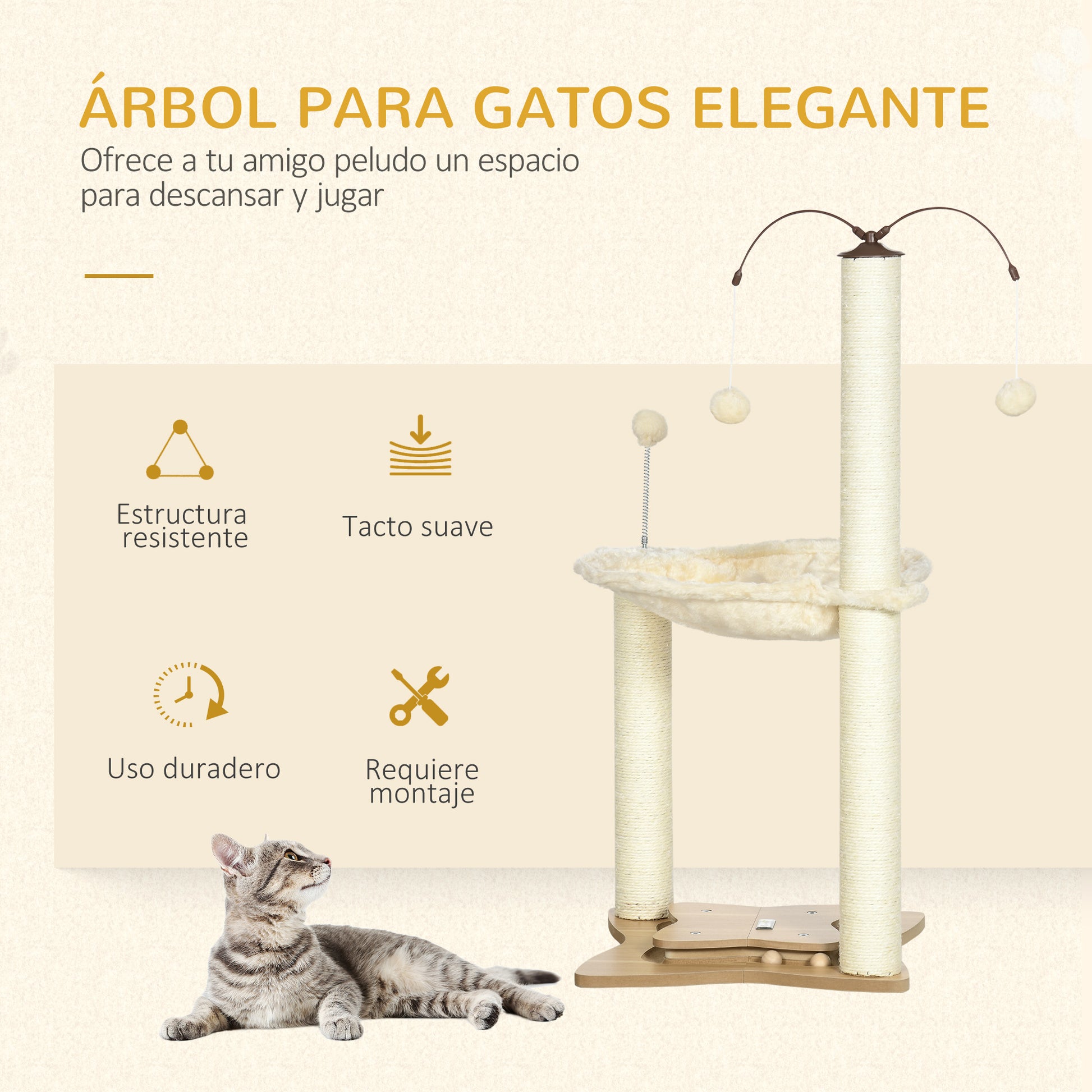 Pawhut Árbol Rascador Para Gatos Altura 90 Cm Con Hamaca Postes De Sisal Y Bolas_3