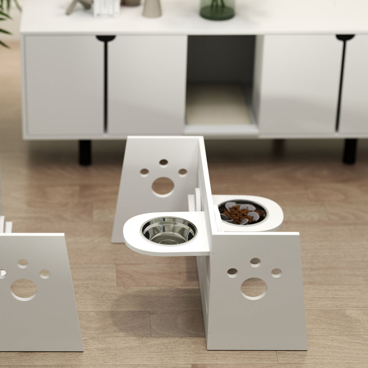 Pawhut Comedero Perros Elevado De 3 Alturas Ajustables Cuencos 2x1 L Blanco_1