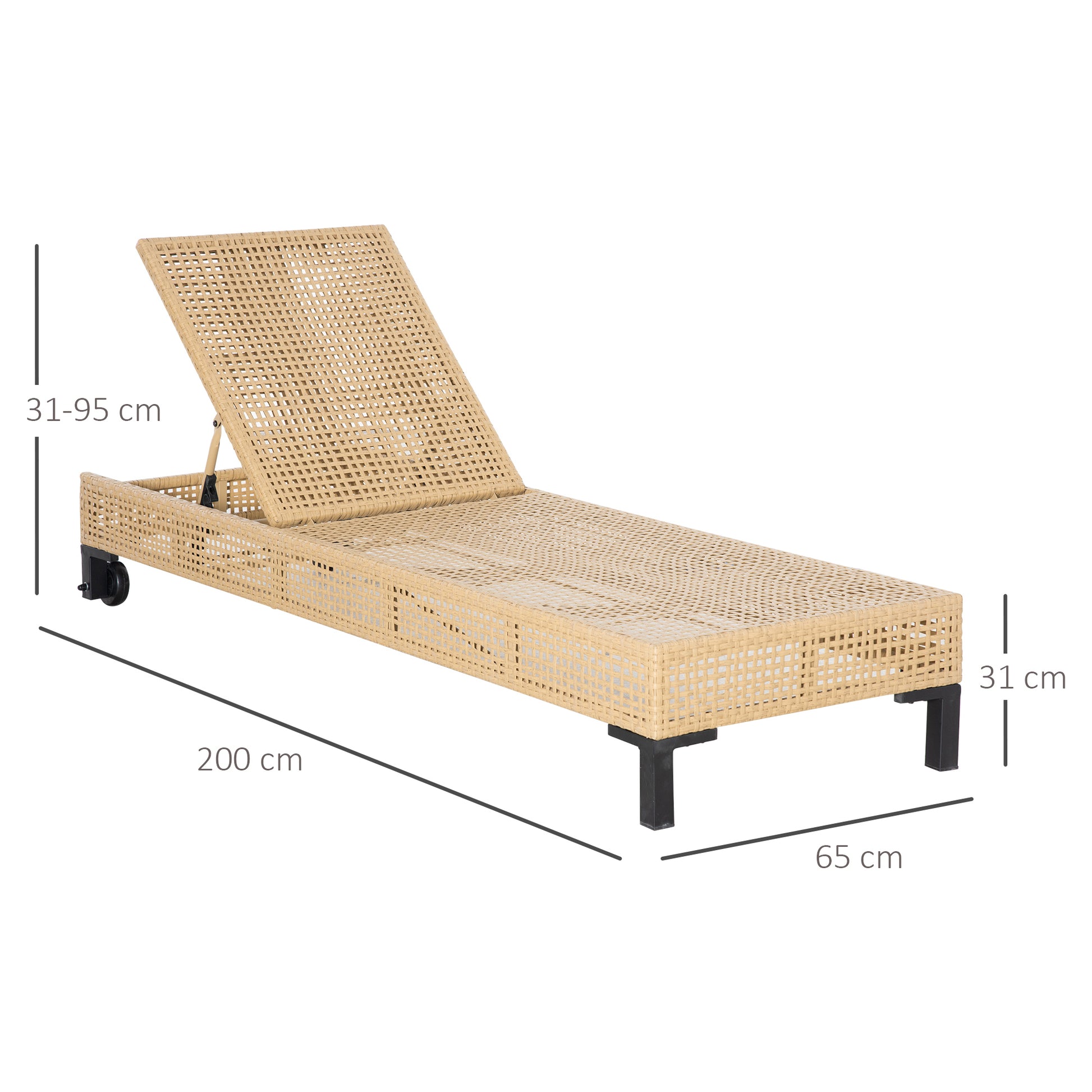 Outsunny Tumbona Ratán Jardín Con Respaldo Ajustable Cojín 2 Ruedas 200x65x31 Cm_2