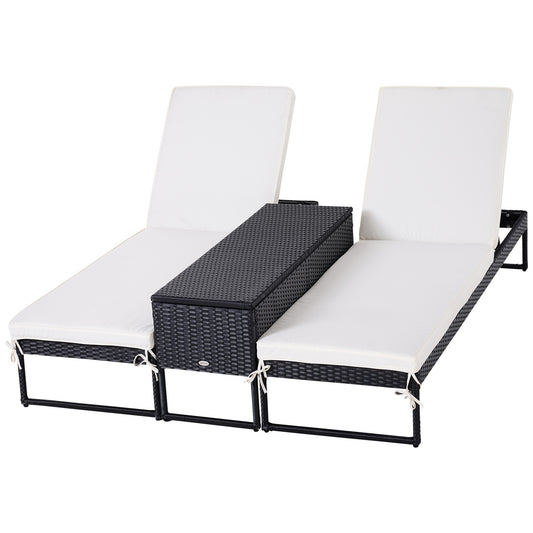 Outsunny Conjunto De 2 Tumbonas De Terraza Con Mesa Ratán 195x60x86 Cm Negro_0