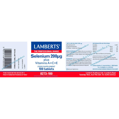 Selenio + Vitaminas A, C y E Lamberts 100 tabletas 200mcg