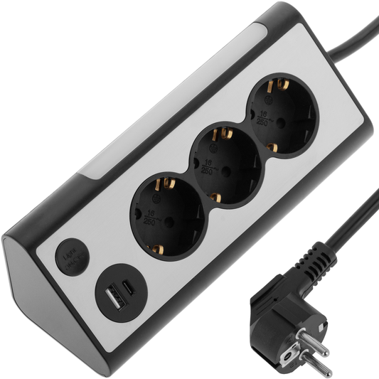 Regleta Sobremesa De 3 Enchufes Schuko Con 1 Puerto Usb Y 1 Usb-c Negro_0