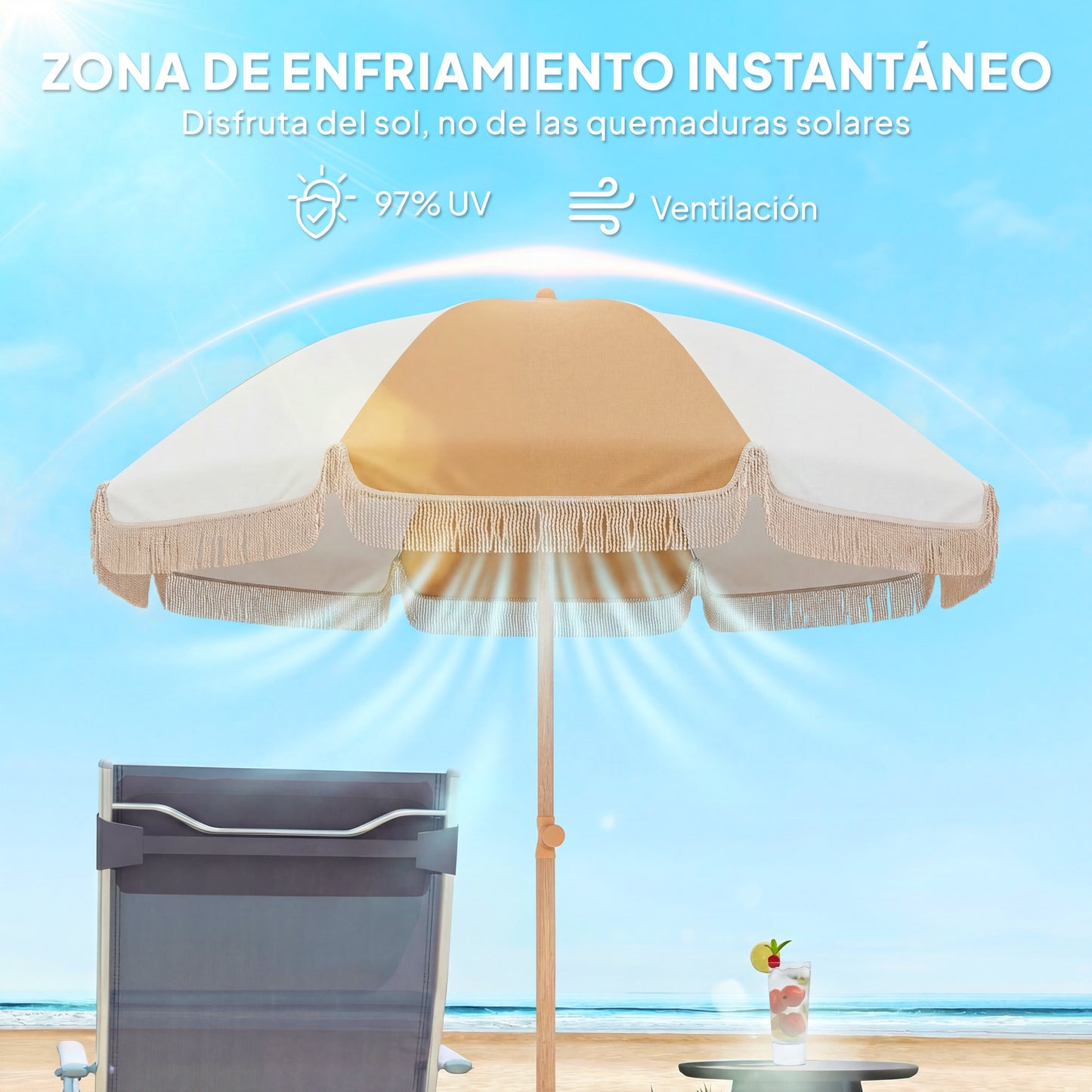 Outsunny Sombrilla De Playa Ø175 Cm Altura Ajustable Inclinación Blanco Y Beige_5