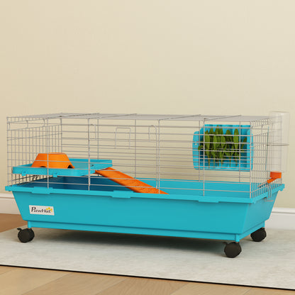 Pawhut Jaula Para Animales Pequeños Con Ruedas Botella De Agua Comedero Azul_3