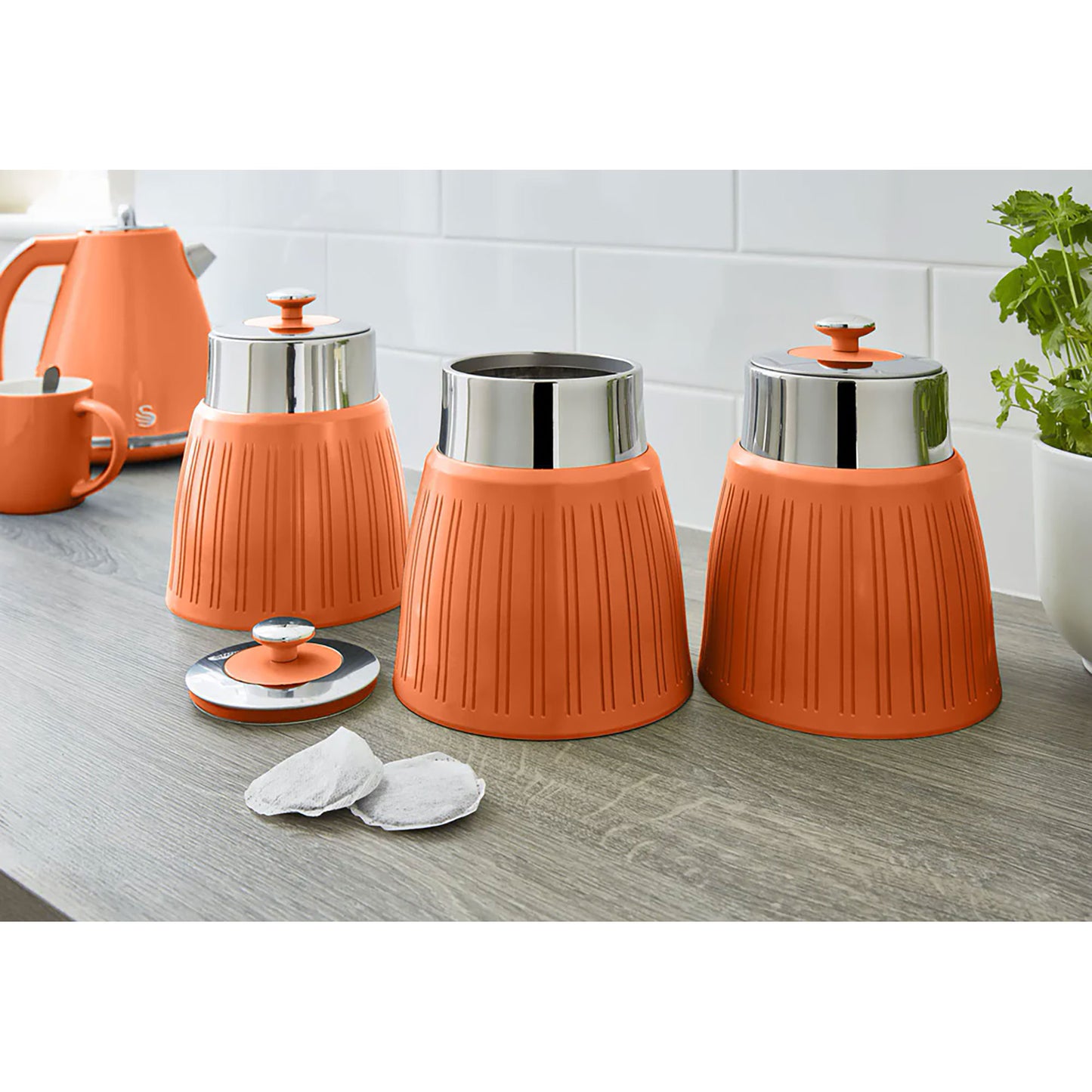 Set 3 Botes Cocina Almacenaje 1,2 L, Plástico Y Acero Inox, Especias, Té ,café, Retro, Vintage Swan Swka1024on, Naranja_2