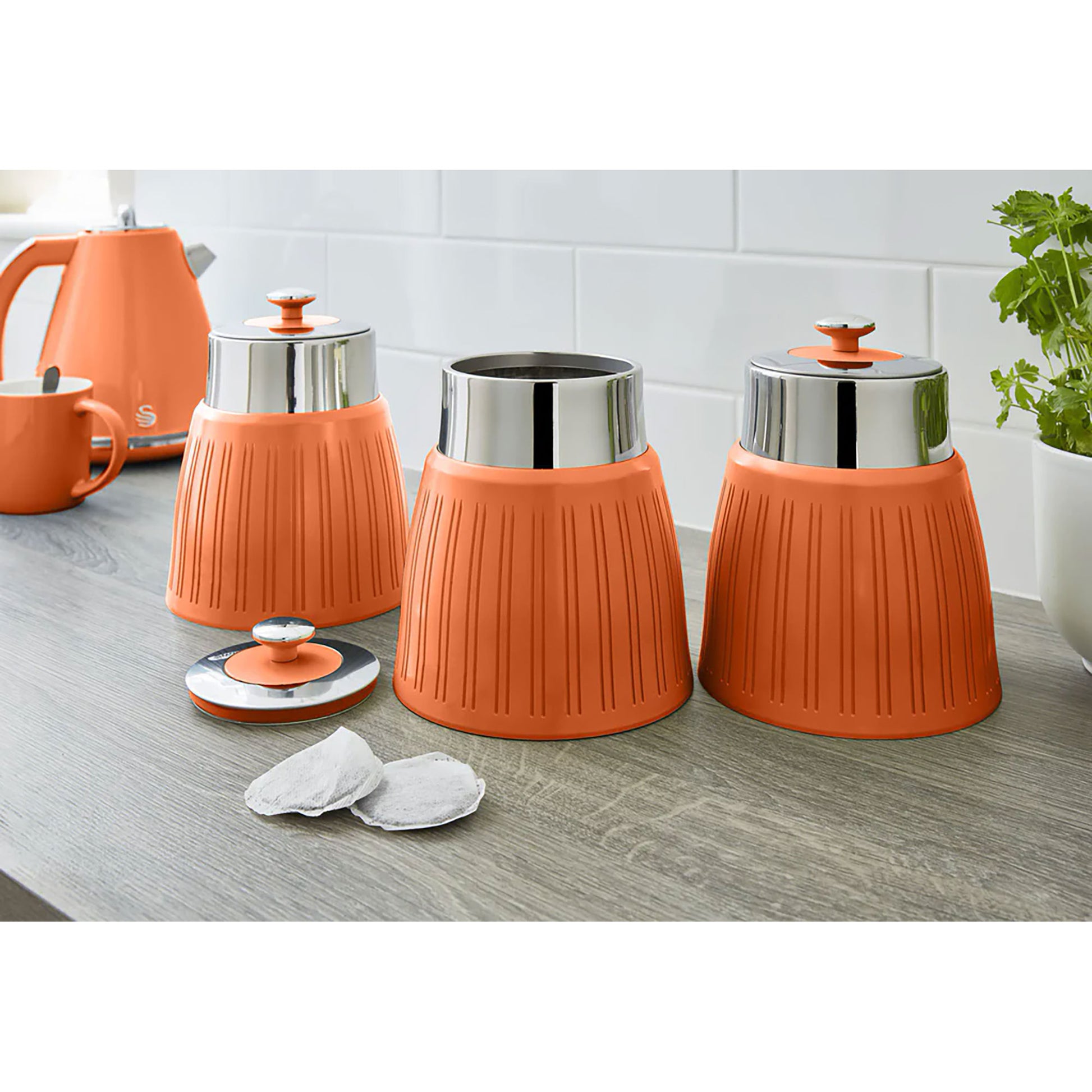 Set 3 Botes Cocina Almacenaje 1,2 L, Plástico Y Acero Inox, Especias, Té ,café, Retro, Vintage Swan Swka1024on, Naranja_2